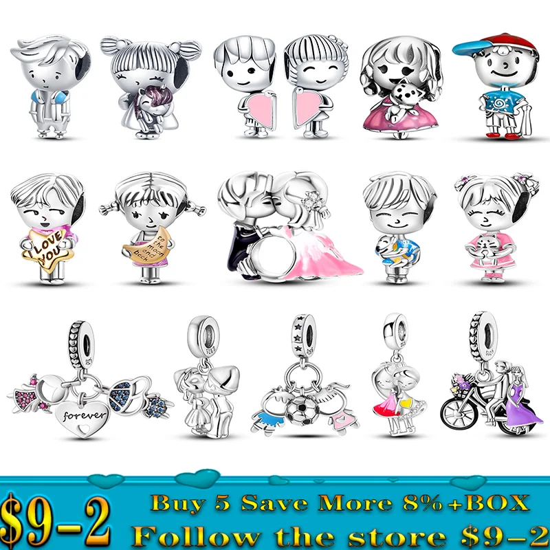 

925 Sterling Silver Couple Boy Girl Charm Beads Fits Pandora Original Bracelet Women Pendant Bead 2023 New in DIY Jewelry Gift