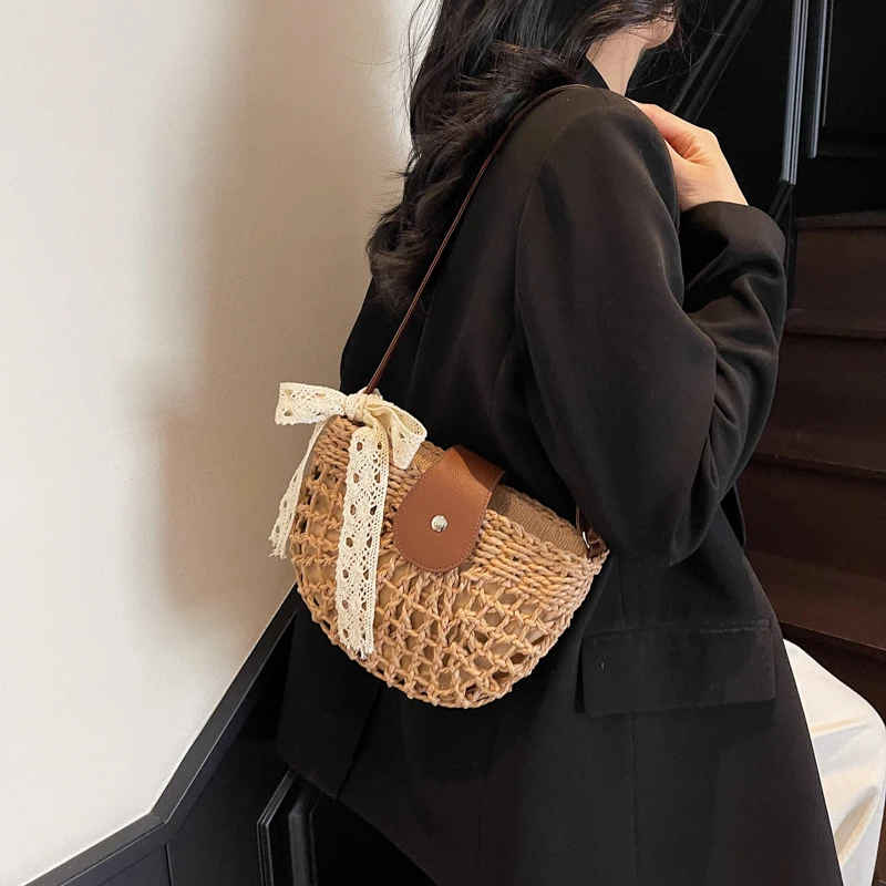 Ladies Hollow Woven Handbag with Adjustable Strap Semicircle Straw Handbag Casual Sling Bag Travel Vacation Commute Bag