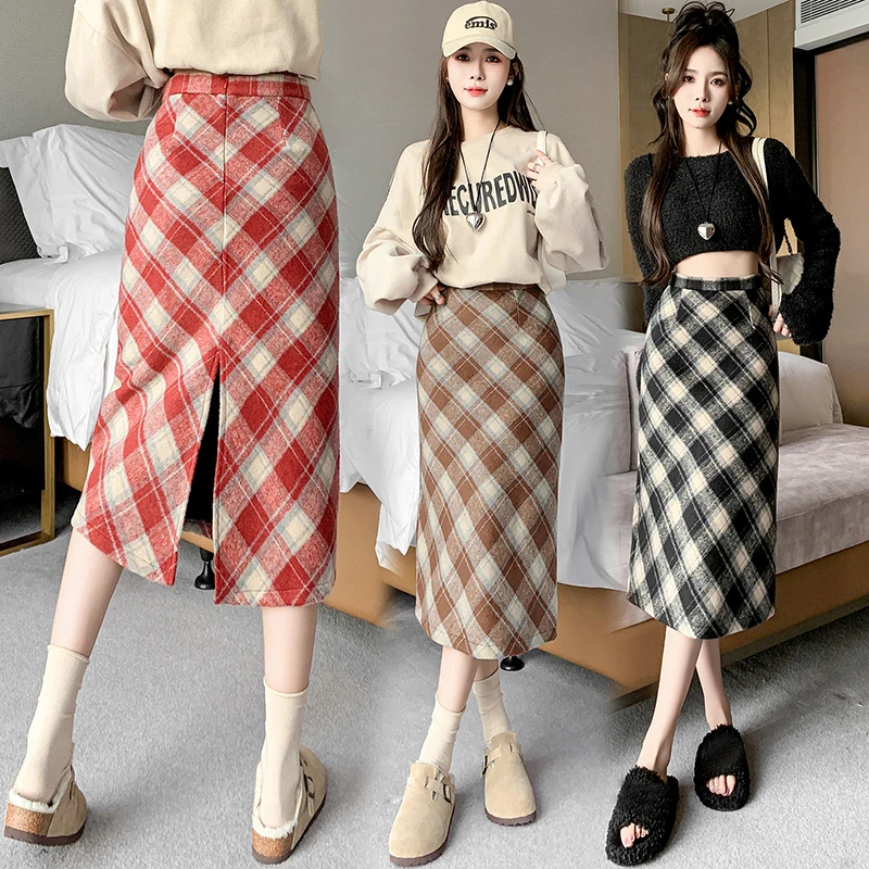 

Autumn Winter Korean Vintage Woolen Checked Midi Skirts for Women High Waist A-line Plaid Long Skirt Bodycon Warm Faldas Mujer