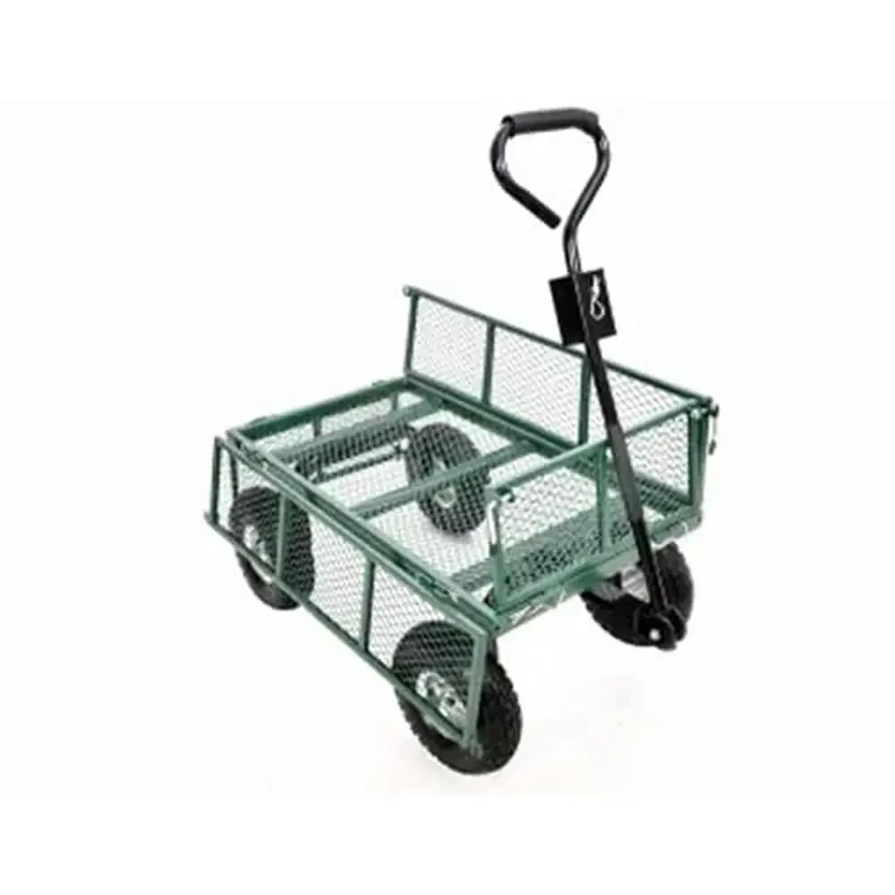 4-Wheel Steel Garden Cart w/ Mesh Sidewalls & Handles Convertible Trailer Hitch Durable Versatile Effortless Mobility 38x20
