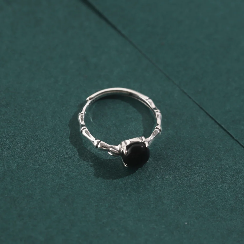 Monkton 여성을위한 새로운  블랙 마노 반지 빈티지 대나무 조인트 디자인 오닉스 오픈 링 럭셔리 쥬얼리 선물