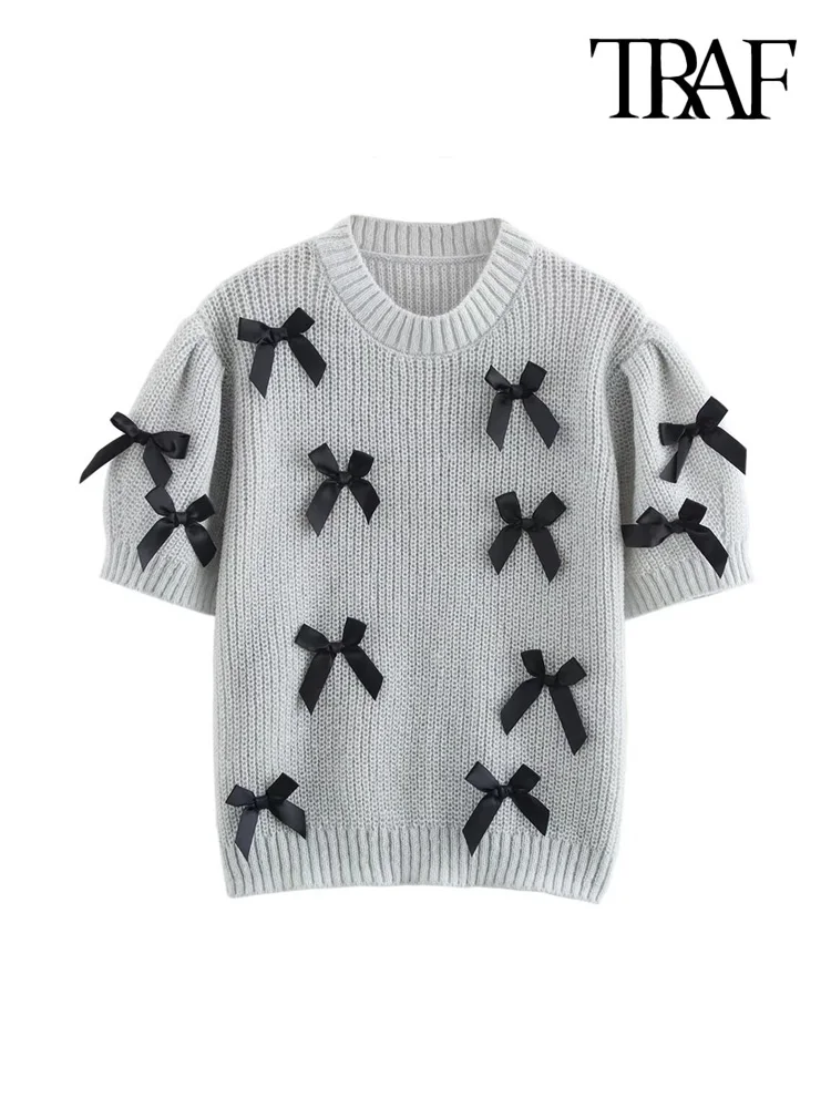 TRAF Women's Fashion Bow Appliques Knit Sweater O-Neck Short Sleeve Pullover Chic Female Tops 5