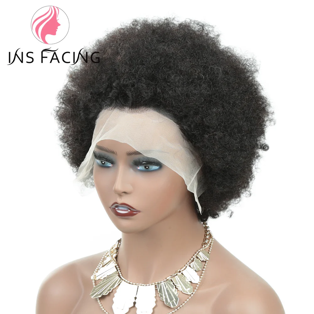 INS FACIN Women's Natural Black Afro Lace Wig, 13x4 Human Hair, 180% Density, 6inch short Afro Style Side Part Lace Frontal Wig