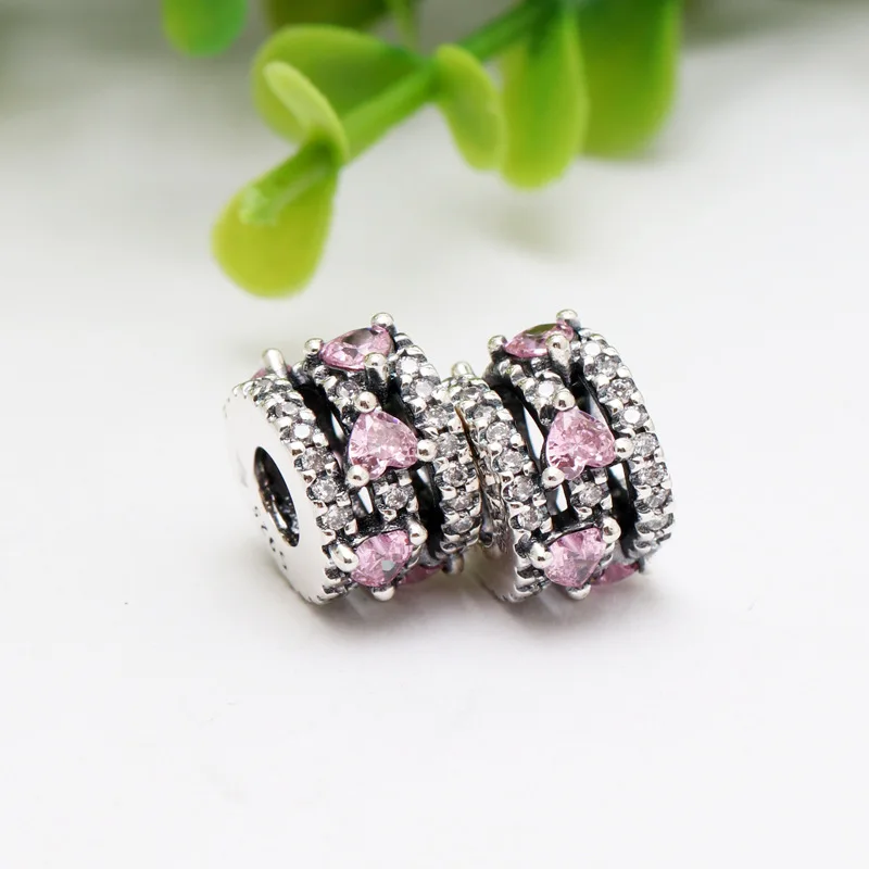 

New Original 925 Sterling Silver Bead Triple Lines Pink Hearts Charm Fit Pandora Bracelet DIY Women Girl Jewelry Dropship