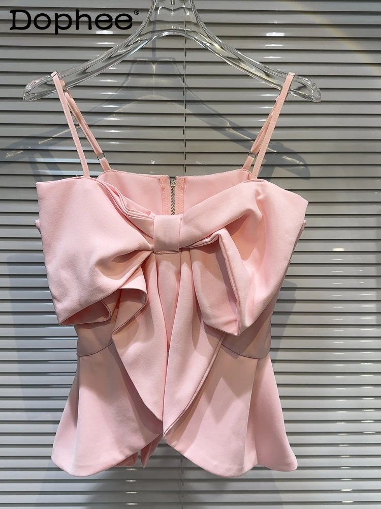 

Женский укороченный топ на молнии сзади, розовая Милая кофта с большим бантом и оборками, модная одежда в Корейском стиле на лето, 2024