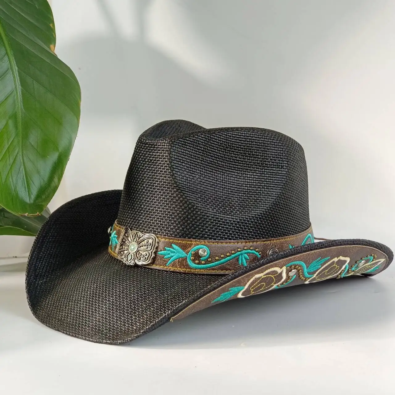 Western-Cowboy-Strohhut mit Stickerei und Accessoires, Unisex, geeignet für Rodeo-Auftritte und Cowgirl-Kleidung, Gorro Cowboy – Detail 8