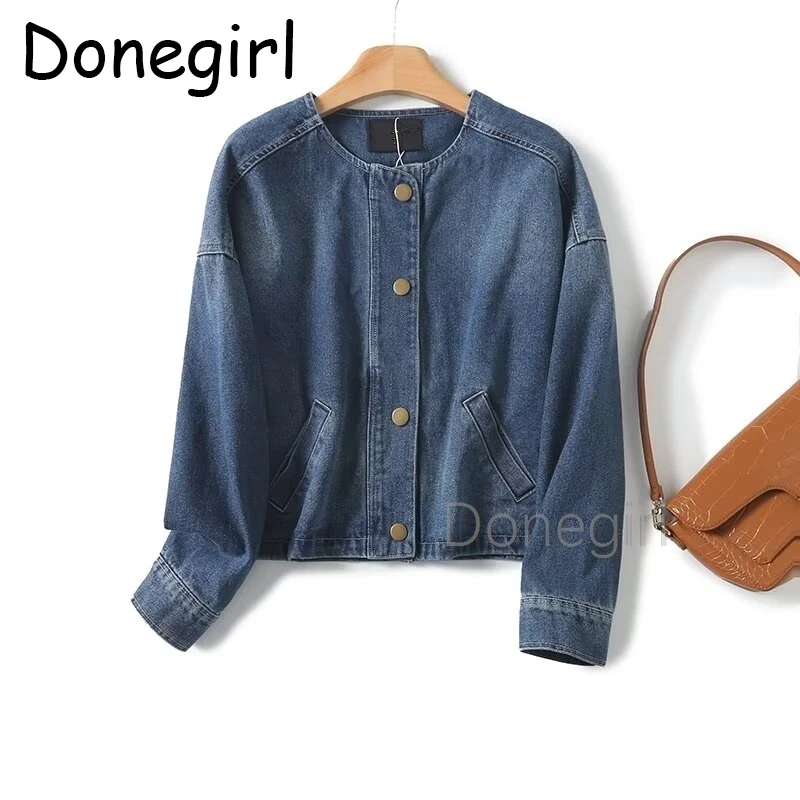 

Donegirl Denim Bomber Jacket Fashion Women's Round Neck Retro Sing Breasted Jean Jacket Short Coat Female Tops