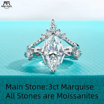 AnuJewel 3ct Marquise Cut D Color Moissanite Wedding Bands 18k Gold Plated 925 Sterling Silver Crown Bridal Ring Set for Girls