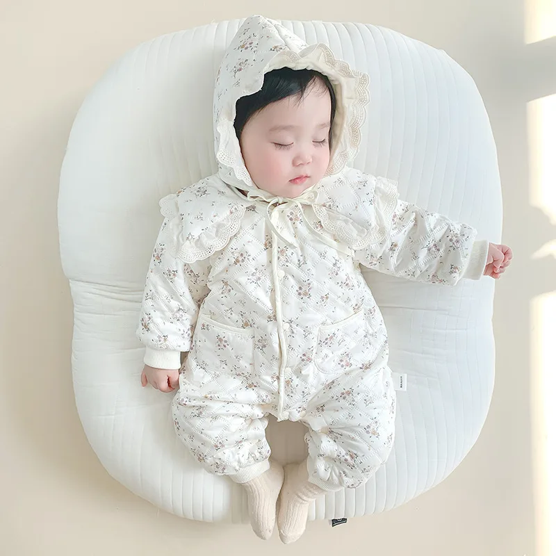 모자가 달린 여아 롬퍼, 모피 안감, 겨울 아기 옷