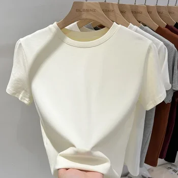 AOSSVIAO 2025 100% القطن الصلبة تي شيرت المرأة قصيرة الأكمام تيز موضة ملابس غير رسمية أبيض أسود س الرقبة الإناث الصيف القمم