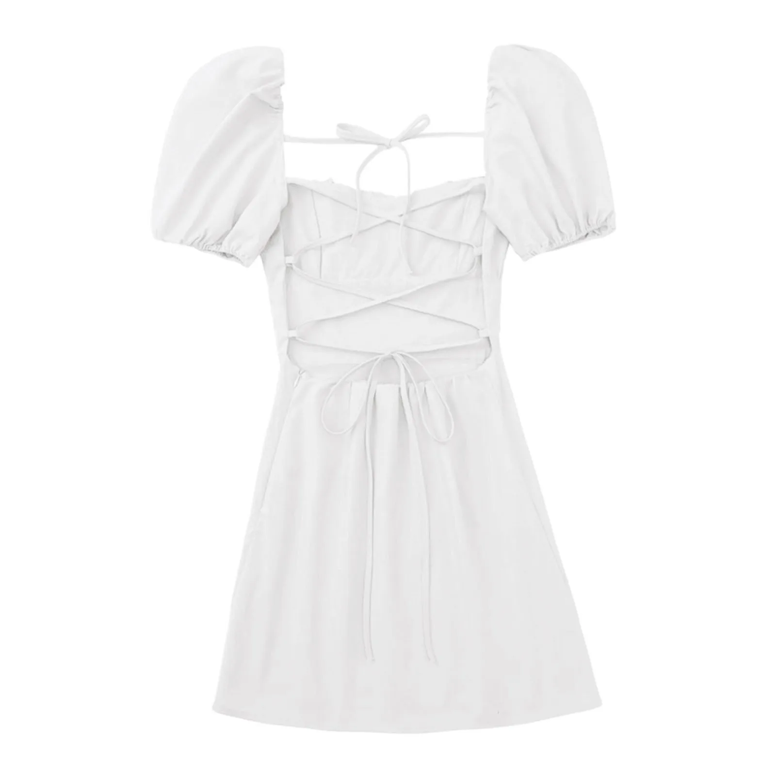 thumbnail image 1 of Vestidos de verano para mujer 2024 elegante ajustado cuello cuadrado manga burbuja encogimiento plisado pecho sin tirantes mini vestido Mujeres, 1 of 4