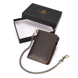 Genuine Leather RFID Blocking Card Holder with Anti - Theft Chain (Coffee chain box)