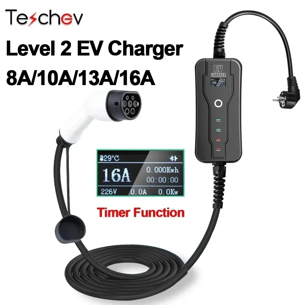 

Teschev Level 2 EV Charger IEC62196-2 Type2 Type1 SAE J1772 Adjustable 8A 10A 13A 16A For Electric Car Vehicle Charging Station
