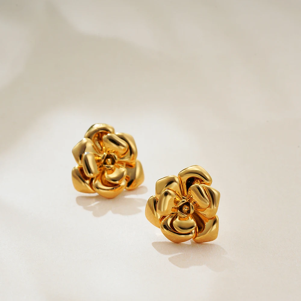 Vintage Polished Multi Layered Petals Ear Studs Stainless Steel Gold Plated Flower Shape Drop Earrings Femal Waterproof Jewelry
