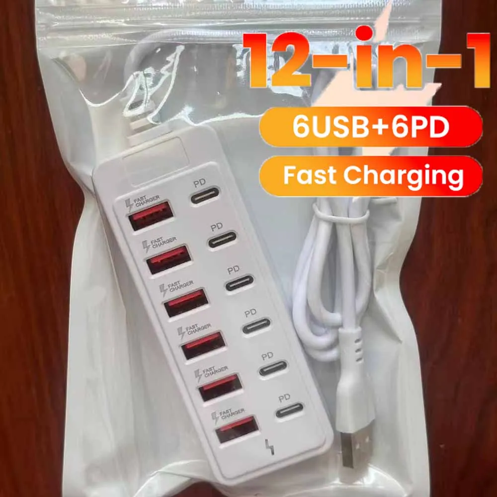 12 in 1 Charging Station Power Strip USB C Hub USB2.0 High Speed Data Transfer Converter 6USB 6 Type C PD Charger Adapter Socket 1