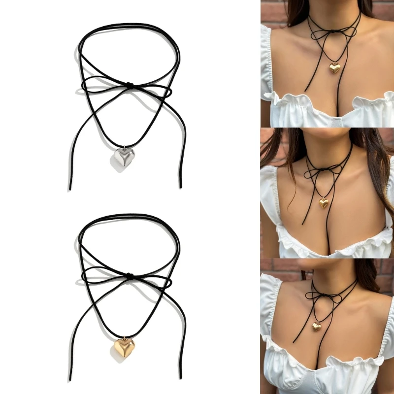 Heart Pendant Collar Necklace Long Rope Bow Tie Choker Necklace