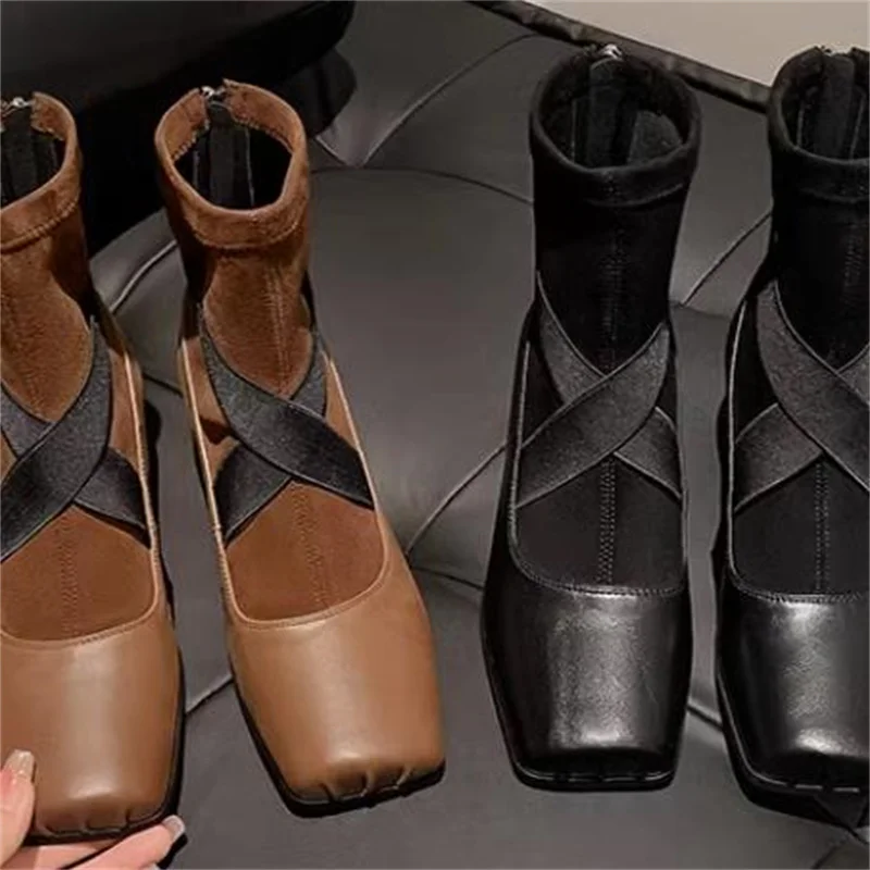

Crossover Strap Shoes for Ladies Square Toe Churry High Heels Stitching Female Boots Leather Zapatos De Mujer Back Zippers Botas