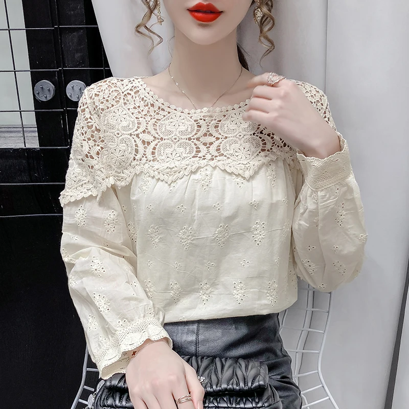Blusa manga larga mujer, Camisa de algodón con retazos de encaje, color marfil dulce|Blusa| - AliExpress