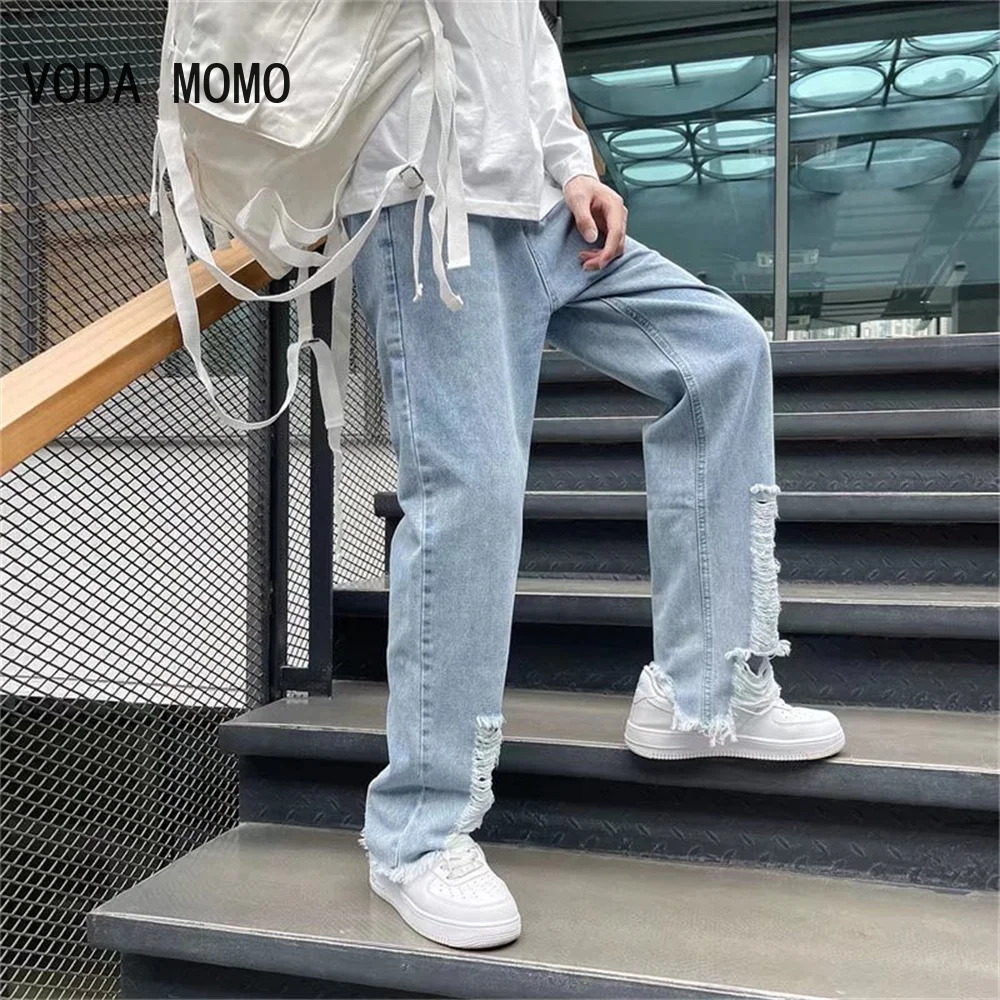 Men'S Jeans Pants Casual Vintage Baggy Clothing Straight Leg Trousers Korean Fashion Man Streetwear Pop Harajukuripped Men Pants
