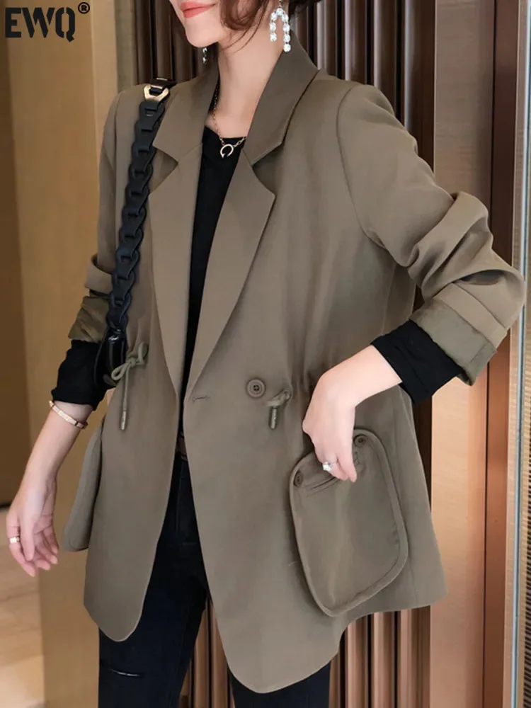 

[EWQ] Khaki Blazer Coat Black Ooercoats Women Single Button Spliced Pockets Gathered Waist Fashion Coats 2023 Autumn Jacket YA35