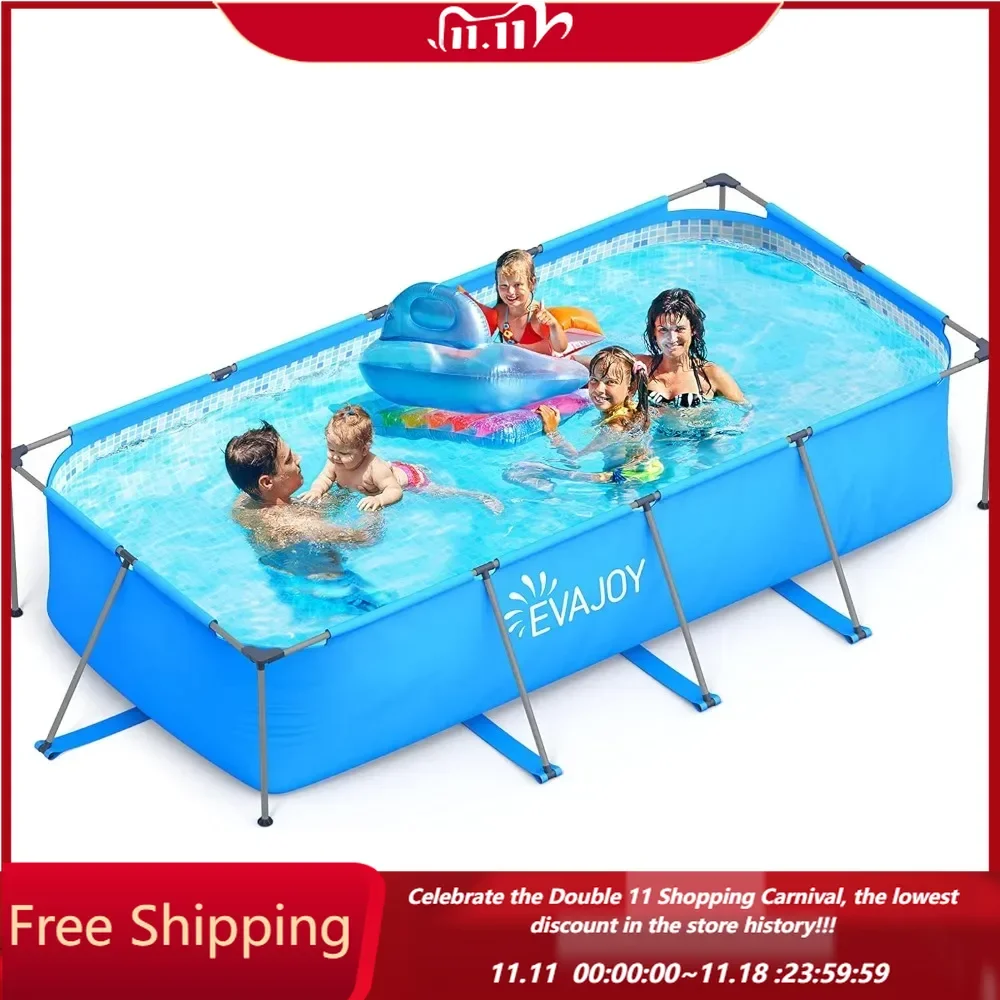 14ft x 7ft x 33in Metal Frame Swimming Pool, Outdoor Rectangular Above-Ground Pool with Steel Frame, Heavy-Duty PVC