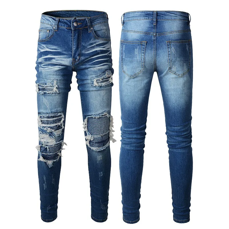 

High Quality New Men's Casual Patches Ripped Club Jeans Destroyed Distressed Ribs Slim Blue Washed Stretch Denim Pant Size 28-40