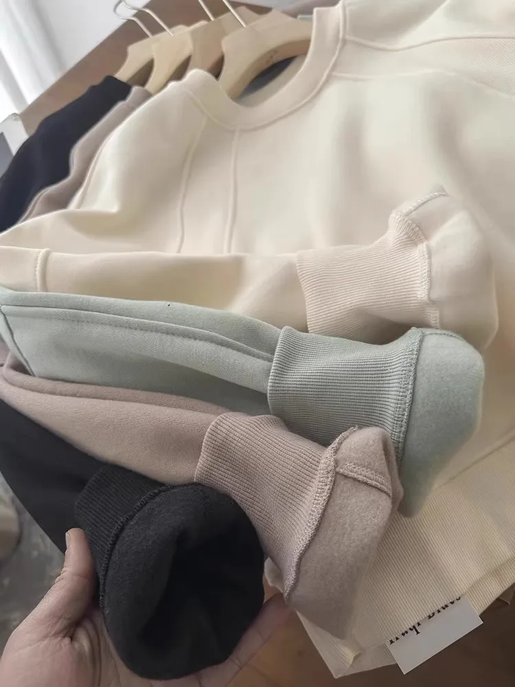 LU Home Faion round Ne Pullover Hoodie Women's Loose Fit Casual Velvet Spring 2025 Simple Outerwear Ele Aosphere