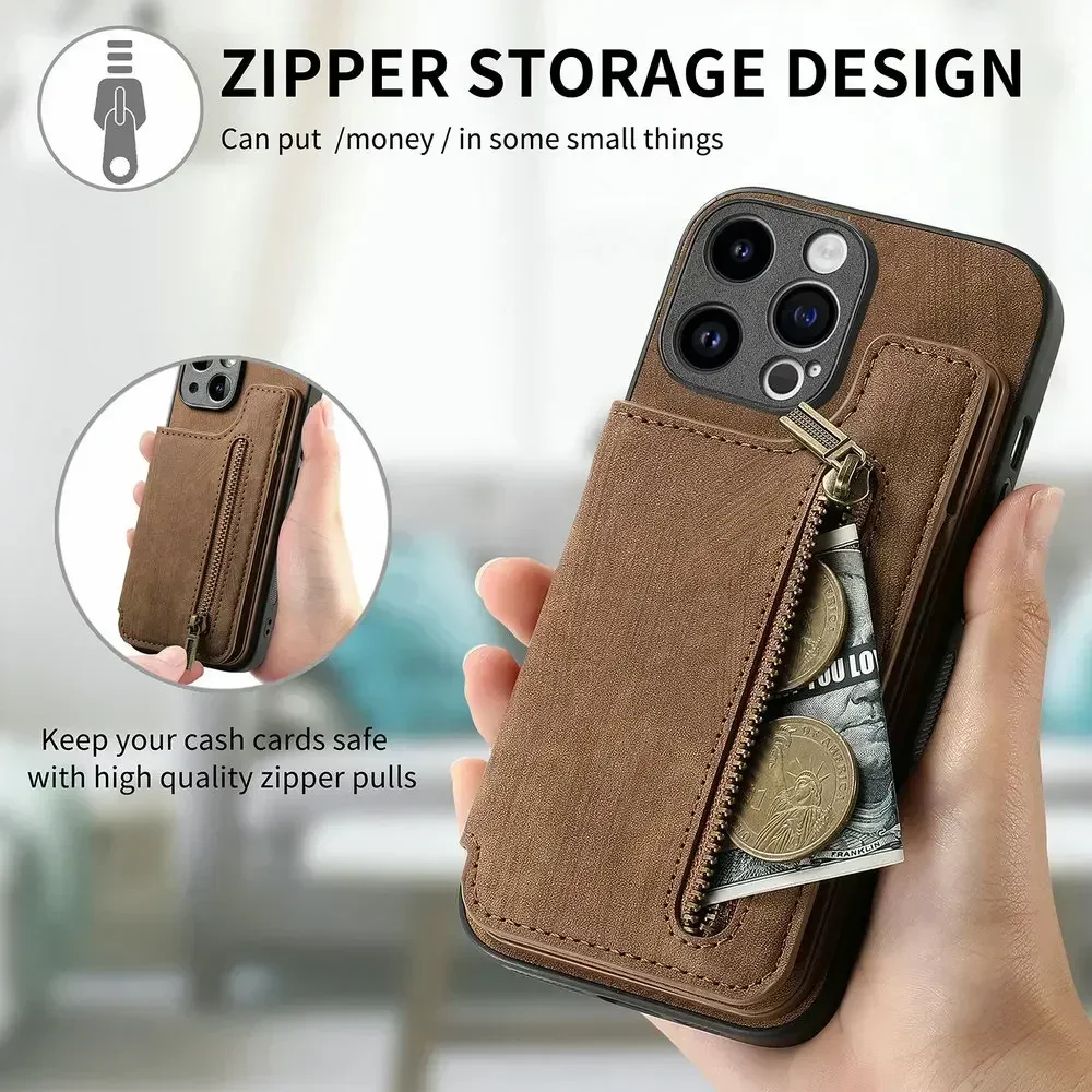 Luxurious Leather Zip Wallet Phone Case with Magnetic Back Cover