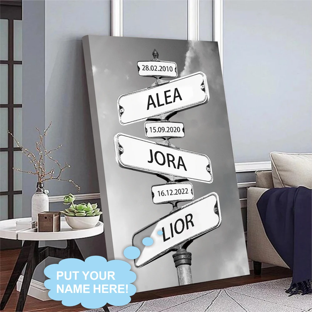 

Personalized Custom Name and Date Canvas Printing Wood Frame Vintage Street Crossroads Sign For Lovers and Family Unique Gift