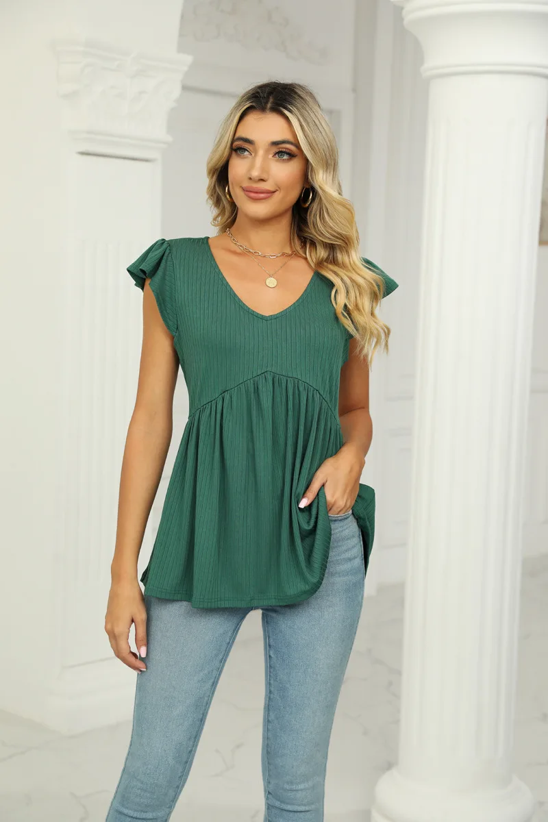 Summer Cute Babydoll Bloues Flare Tunic Loose Peplum Pleated V Neck Short Sleeve Plain Woman Tshirts Knit Rib T Shirt Tees Top