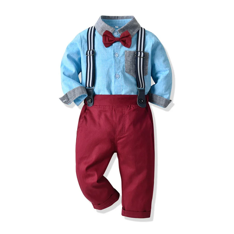 

Children's Clothing Autumn Export Lapel Patch Pocket Long-Sleeved Shirt Bow Tie Suspender Pants Match Sets One Piece Dropshippin