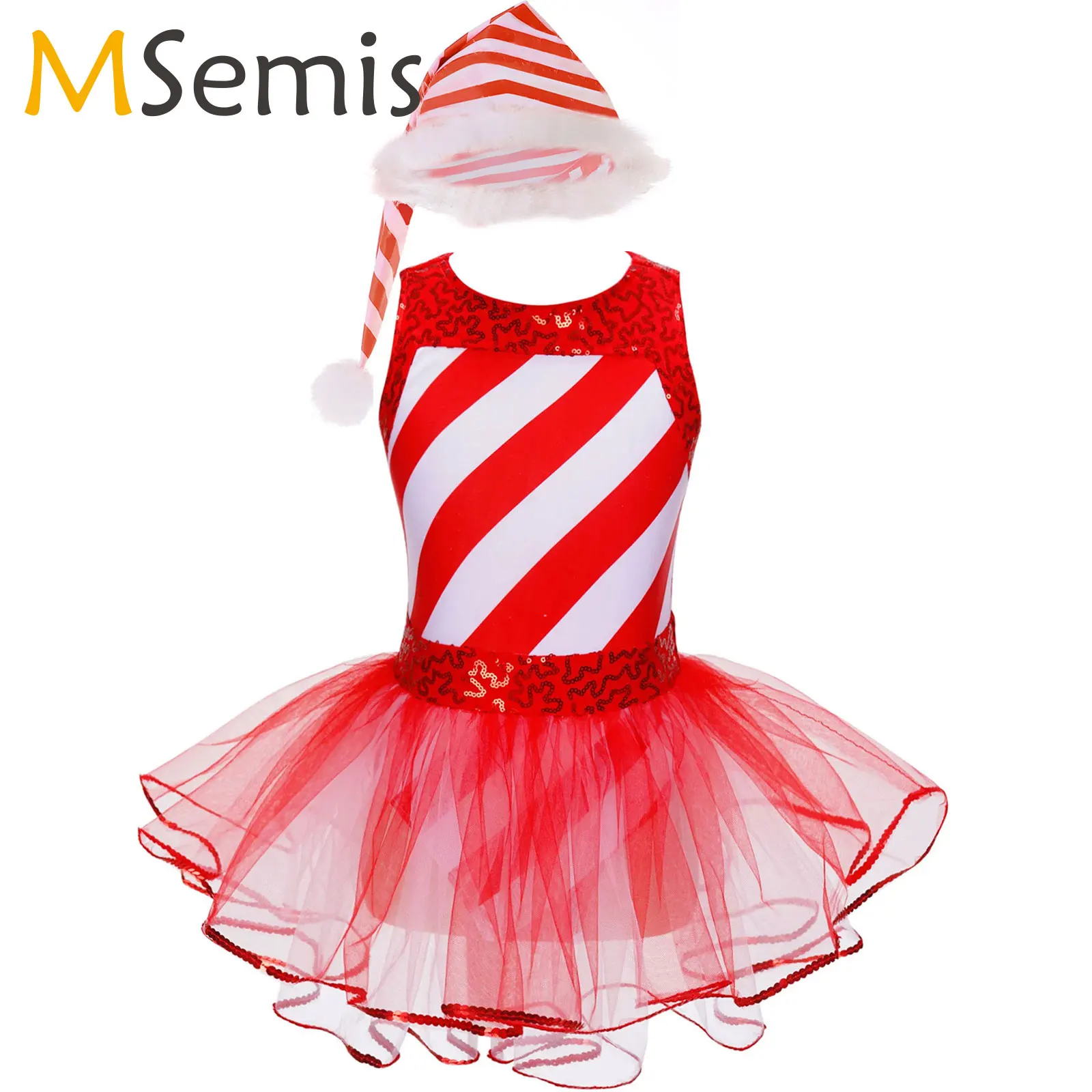 

Kids Girls Stripe Candy Cane Christmas Costume Pageant Party Fluffy Ballet Dance Figure Ice Skating Tutu Dress Leotard Dancewear