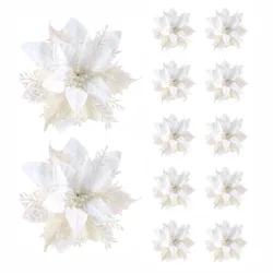 Festive Glitter Artificial Flowers - Christmas Tree Ornaments and Home Decor - Pink, Red, Gold 14.5cm - 10Pcs (White)
