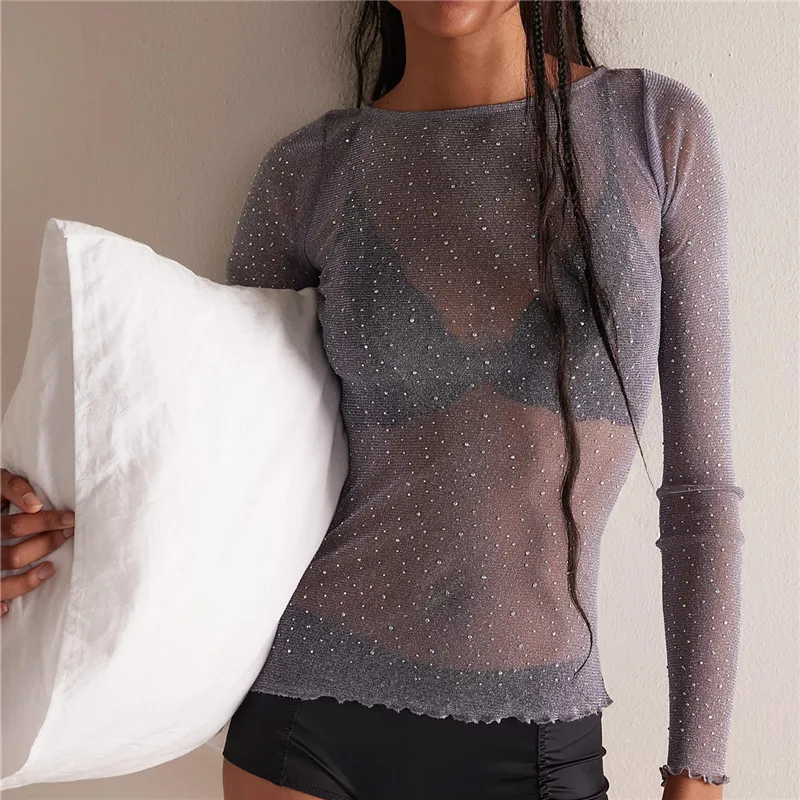 hirigin Women Rhinestone Mesh Sheer Tops Slim Fit Bling See Through Long Sleeve Lettuce Trim Shirts Spring Summer Party Cover Up 6