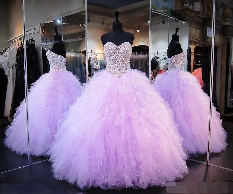 

2019 Lilac Quinceanera Ball Gown Dresses Sweetheart Beaded Pearl Ruffles Corset Back Puffy Plus Size Formal Party Prom dress