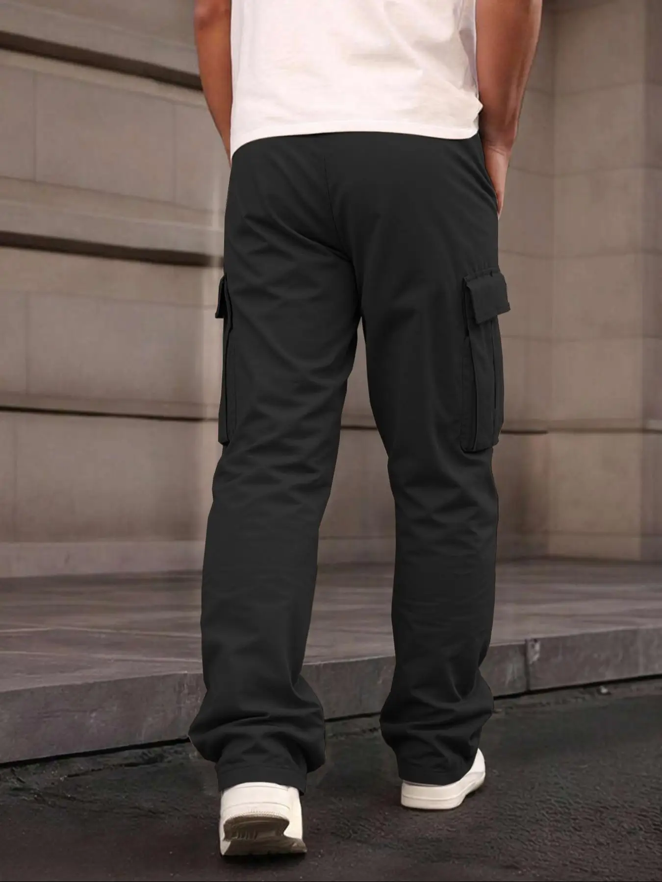 Einfarbige Cargohose für Herren mit Pattentasche, Kordelzug am Bund, reguläre Passform, lässige Hose mit geradem Bein für den Alltag – Detail 3