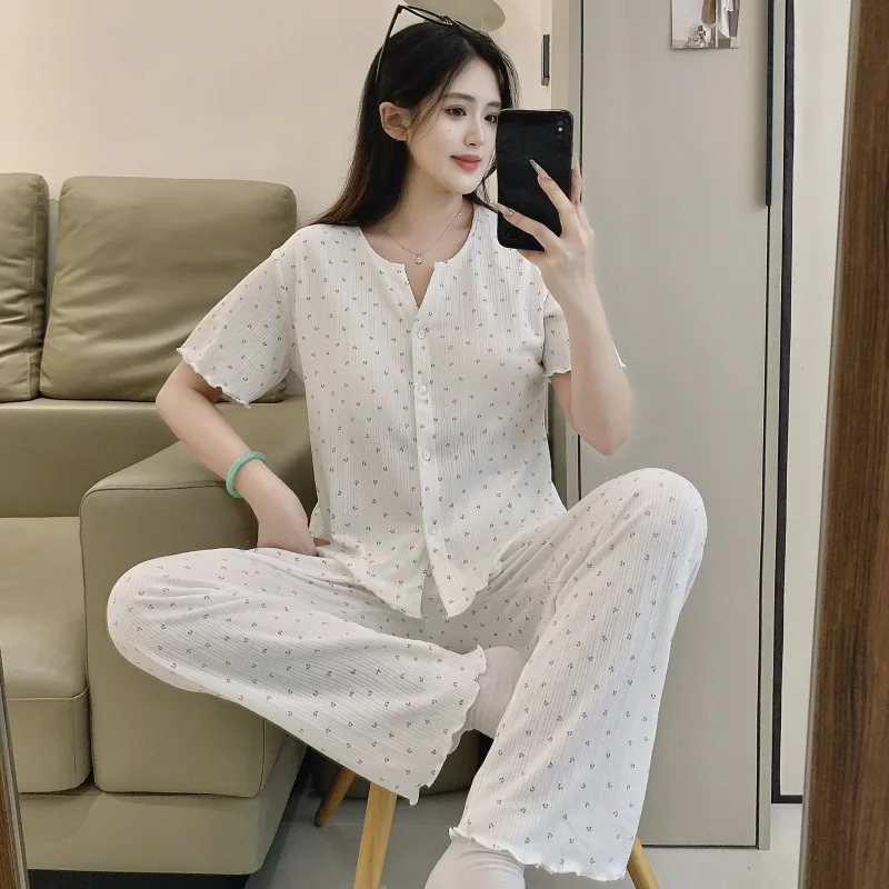여성용 면직물 꽃무늬 카디건 프린트 파자마 반팔 상의와 긴 바지 잠옷 홈웨어 세트 여성용 나이트웨어