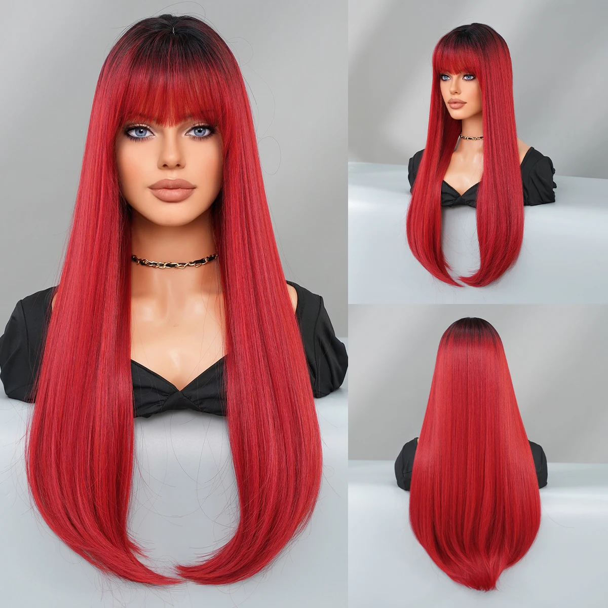 

PARK YUN Long Straight Wig With Bangs Natural Wine Red Wig For Daily Cosplay Party Heat Resistant Fiber Synthetic Wig For Women