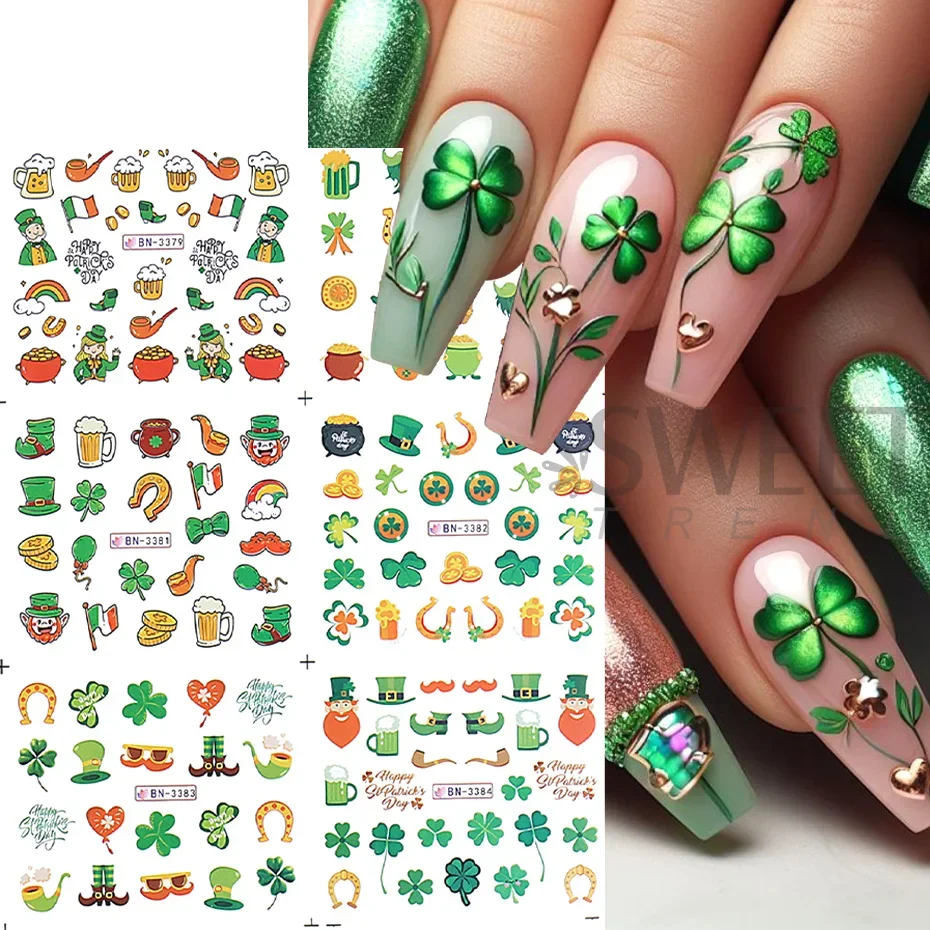 12pcs 3D Green Four Leaf Clover Cartoon Character Nail Sticker Beer Letter Water Transfer Slider DIY Manicure Art Decoration Tip