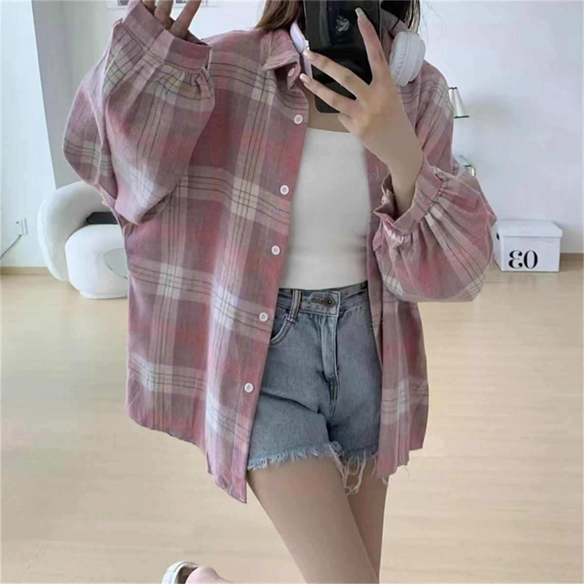 Korean Plaid Blouse Image 12