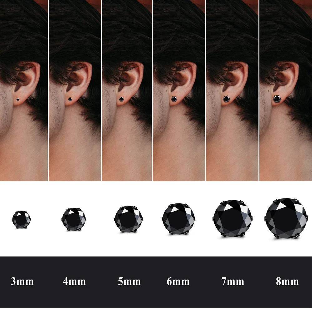 Stainless Steel Round Cubic Zirconia Ball Stud Earrings Set Punk Piercing Jewelry 3-8mm 1 Pair for Men Women