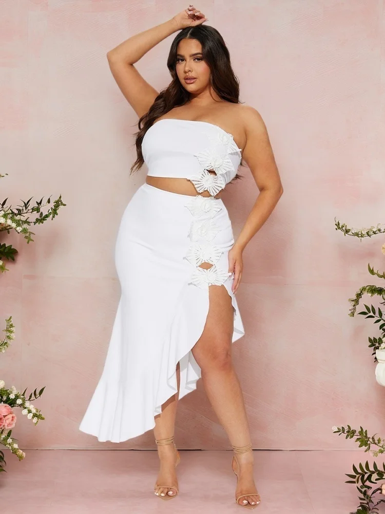 Wmstar Set Women Wholesale High Slit Strapless Ruffled Lace Two Piece Party Summer Outfit Fancy Club Matching Matching Sets 2025