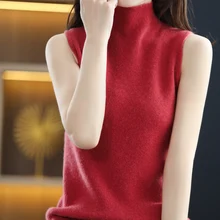 

Pure Australian Superfine Women's Wool Half Turtleneck Sleeveless Solid Color Knit Bottoming Shirt