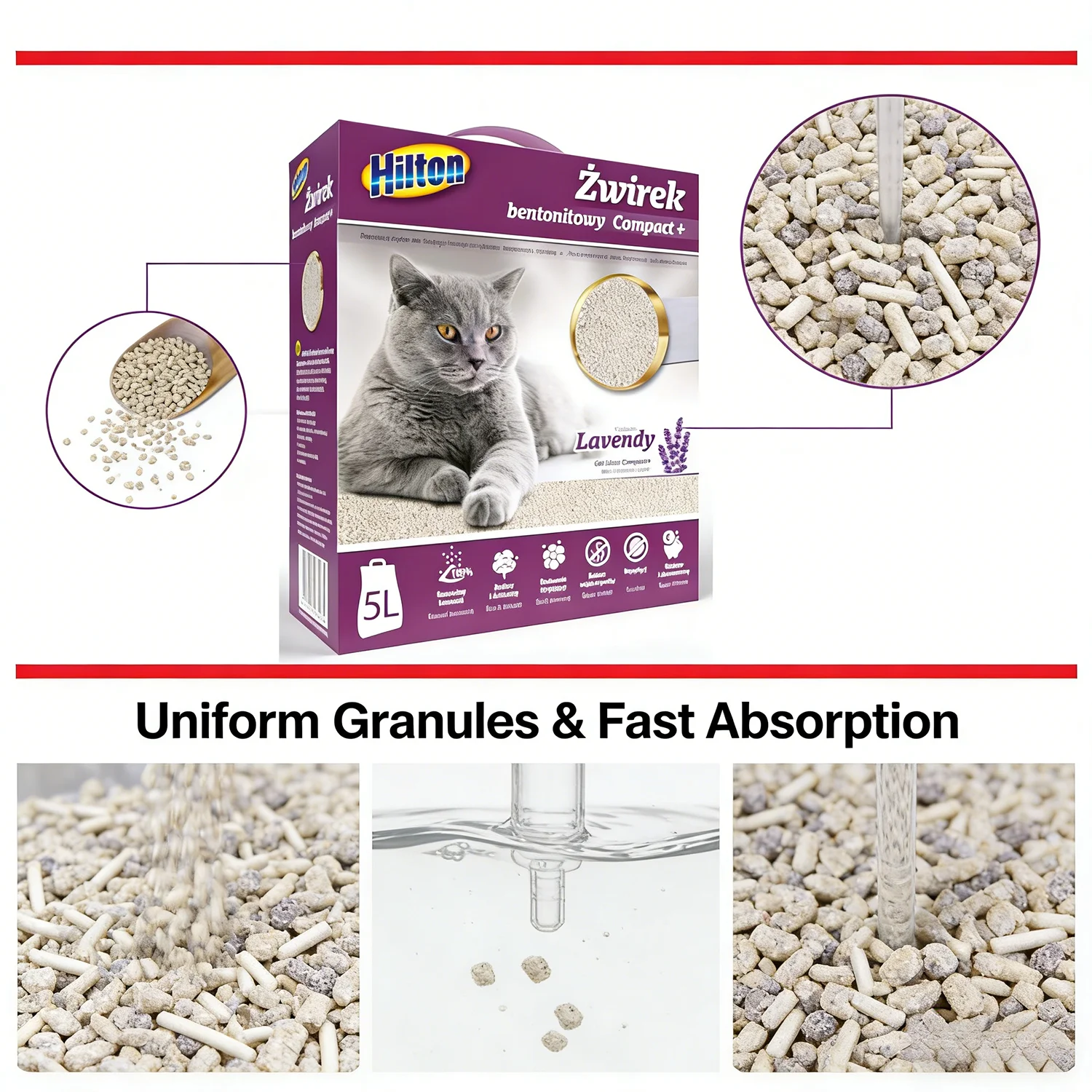 5L Kocia Ziemia Bentonitowa o Zapachu Lawendy, Ultra Absorbująca, Klumpująca, Artykuły dla Zwierząt, Kocia Ziemia, Kontrola Zapachów