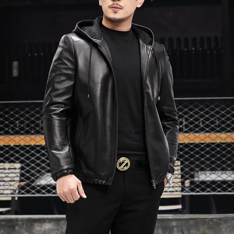 Men's Handsome Short Leather Jacket Motorcycle Hoodie Spring