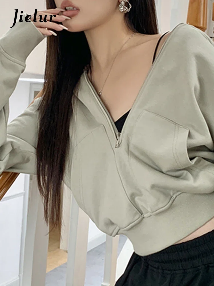 Jielur Winter American Hooded Loose Green Female Sweatshirts New Loose Zipper Casual Sexy Fashion Women's Hoodies Office Lady