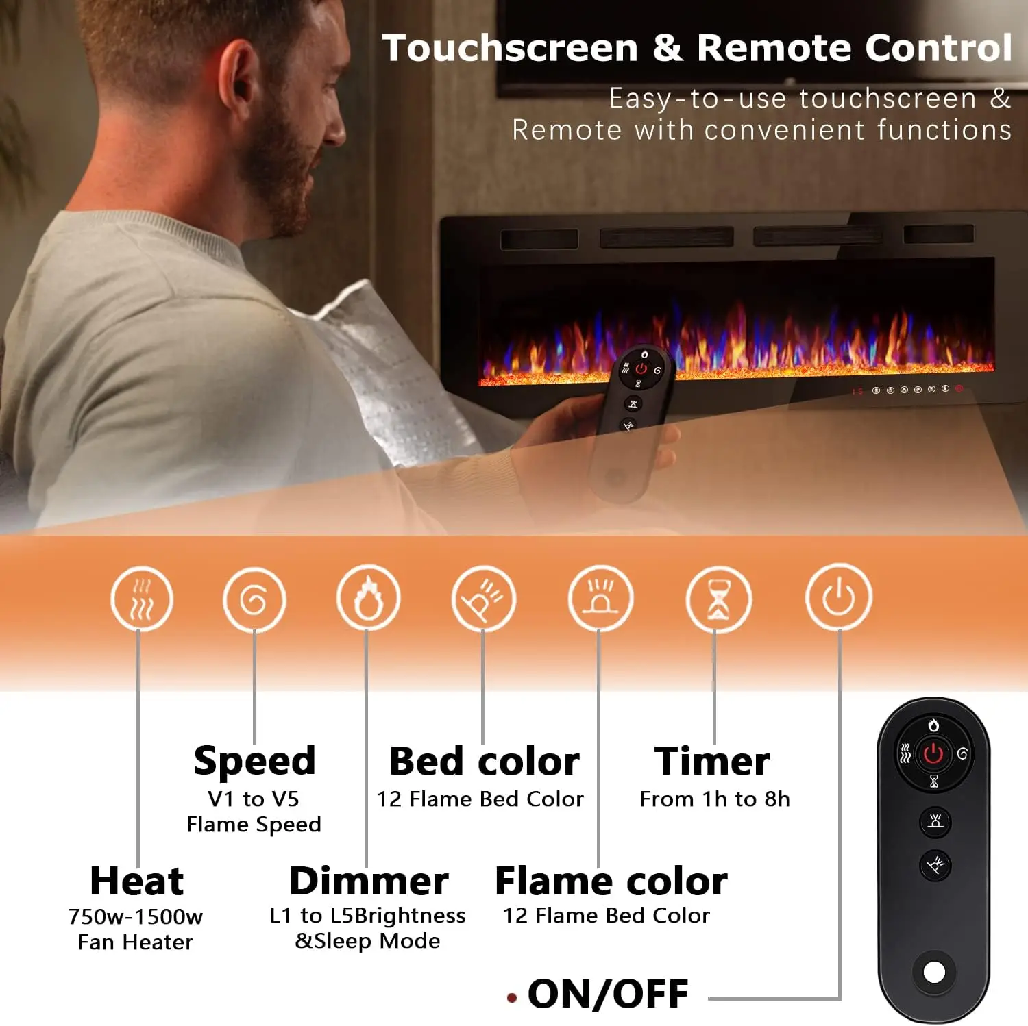 72 inch Ultra-Thin Electric Fireplace in-Wall Recessed and Wall Mounted Fireplace Heater,Timer,Low Noise, Remote Control(72’’) 5