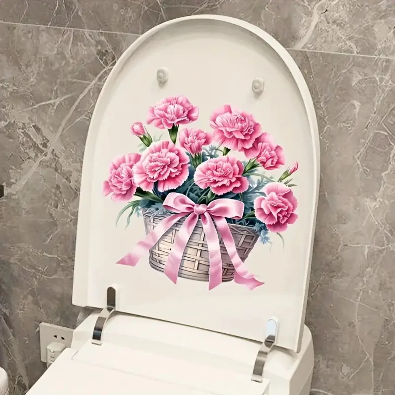 Vinyl Stickers Toilet Stickers Toilet Wall Stickers Pink Flower Basket Toilet Stickers Decoration Living Room Bedroom Home Decor Flowers Wall Decals Self-Adhesive