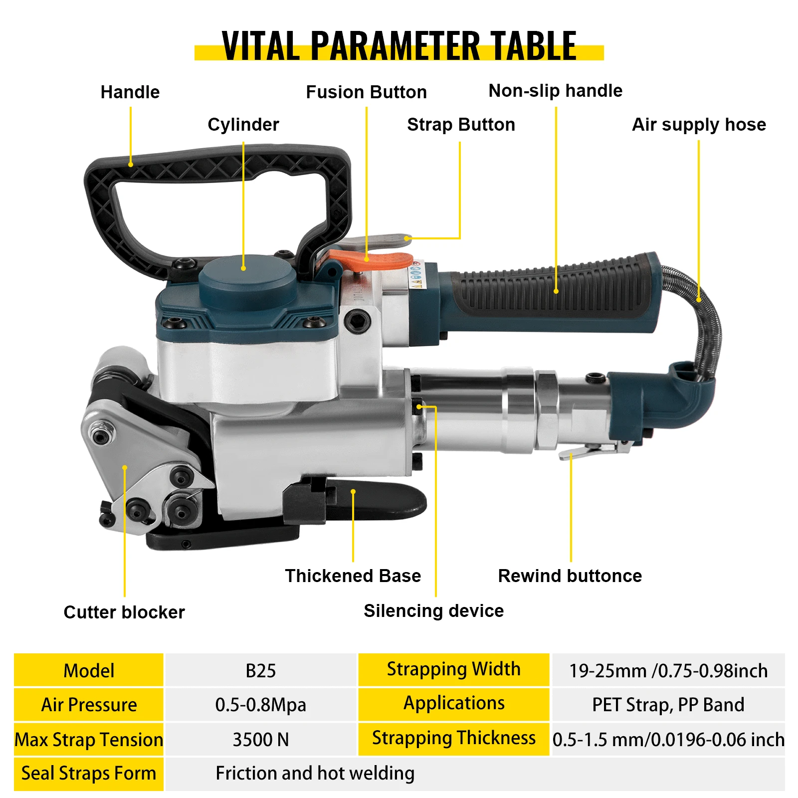 VEVOR B25 Handheld Pneumatic Strapping Machine 3500N Max Tension Hand Packing Machine Wrapping Tools for 19-25 MM PP PET Belts