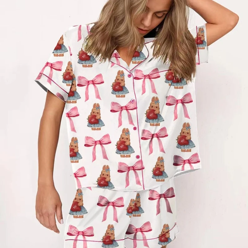 طقم بيجامة نسائي كاجوال بطبعة زهور وأكمام قصيرة وس...